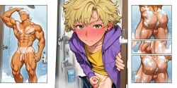 2boys ai_generated anus ass ass_focus balls bara black_stud_earrings blonde_hair blonde_male blonde_pubic_hair blush comic ernest_(my_time_at_sandrock) flaccid flaccid_penis foreskin gay green_eyes hiding hoodie_jacket jerking_off logan_(my_time_at_sandrock) male male_anus male_focus male_masturbation male_only masturbation muscular muscular_male my_time_at_sandrock navel nipples penis ponytail ponytail_(hair) ponytail_male purple_hoodie shower showering silver_hair skinny skinny_male slim soap soap_bubbles spying stud_earrings testicles twink uncircumcised uncut uncut_penis unretracted_foreskin voyeur yaoi