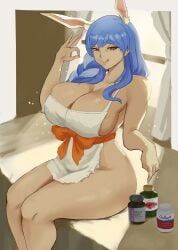 1girls animal_ears apron apron_only big_breasts blue_hair breasts bunny_ears cleavage female female_only gesture hair heart-shaped_pupils hololive huge_breasts mature mature_female mature_woman milf mother naked_apron pekomama pills pointing red_eyes sexually_suggestive solo solo_female thats-lewdacris thighs tongue tongue_out white_apron
