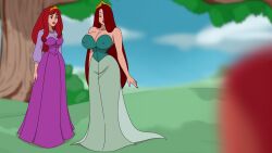 2girls angelica_(if_you_do) bare_shoulders breasts cg cleavage covered_nipples crown day discreenvision dress hair_over_one_eye huge_breasts if_you_do inusen large_breasts long_dress long_hair long_skirt multiple_girls official_art open_mouth outdoors purple_dress red_hair siblings sisters sky tree very_long_hair victoria_(if_you_do)