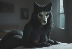 ai_generated anthro anthropomorphic beautiful bedroom big_breasts black_fur black_hair breasts breeding_request female fluffy_tail fur furry furry_only impregnation_request in_heat inviting_to_sex laying_down laying_on_bed looking_at_viewer mal0 scp scp-1471 scp_foundation seductive seductive_look seductive_smile sexy sexy_body sexy_pose tits_out wet_pussy white_eyes wolf wolf_ears wolf_girl wolf_humanoid