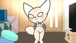 :3 aggretsuko animated anthro blush bottomless bouncing_breasts breasts canid canine clothing excited female fennec_fox fenneko fox fur furry furry_only genitals hi_res humanoid_genitalia humanoid_pussy jiggle_physics jiggling mammal nervous nipples pussy sanrio short_playtime solo style_emulation tail tail_motion tailwag topwear toxis true_fox