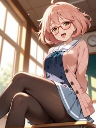 :d ahoge ai_generated arms_behind_back bangs black-framed_eyewear black_legwear black_pantyhose blue_shirt blue_skirt blush bob_cut breasts brown_eyes brown_legwear brown_pantyhose cardigan ceiling chair chalkboard classroom clock clothing crossed_legs desk eyewear female female_only glasses indoors jacket kuriyama_mirai kyoukai_no_kanata legwear long_sleeves looking_at_viewer milfhunter228 on_desk open-mouth_smile open_cardigan open_clothes open_mouth pantyhose pink_cardigan pink_hair pleated_skirt red-framed_eyewear ribbon sailor_collar school school_desk school_uniform semi-rimless_eyewear serafuku shirt short_hair sitting skirt smile solo sunlight thighs tongue tongue_out uniform wall_clock white_sailor_collar white_shirt window