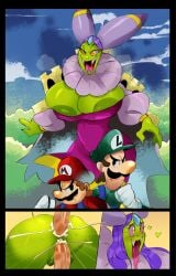 1girls 2boys anal anal_sex angry ass big_breasts breasts brown_hair cackletta clothing cum cum_in_anus cum_in_pussy dress enormous_breasts facial_hair female gloves green_hat green_shirt green_skin hat height_difference huge_breasts humanoid interspecies large_breasts light-skinned_male light_skin luigi male male/female mario mario_(series) mario_and_luigi:_superstar_saga mario_and_luigi_(series) mature mature_female mature_male mmf_threesome moustache nintendo open_mouth orgasm orgasm_face penis penis_in_anus penis_in_pussy purple_dress purple_hair red_hat red_shirt sevonteroo sex sharp_teeth shirt straight straight_sex teeth threesome tongue tongue_out white_gloves