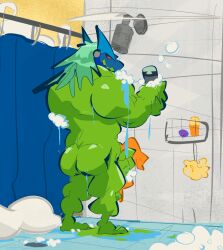 alien anthro ass barazoku butt_focus capcom em_being glistening glistening_body hi_res male mega_man_(series) muscular nude rear_view shower solo wetyuip