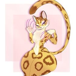 absurd_res anthro barely_visible_genitalia barely_visible_pussy bottom_heavy brown_body brown_fur brown_nose brown_spots cheek_tuft chest_tuft clawroline claws dipstick_tail eyelashes facial_tuft fangs felid female front_view fur genitals hi_res kirby_(series) leopard long_claws mammal markings navel nintendo nude pantherine pawpads pink_background purple_claws purple_eyes pussy safaia simple_background smile solo spots tail tail_markings teeth thick_thighs tuft white_background white_body white_fur wide_hips yellow_body yellow_fur yellow_sclera
