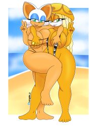 bat beach breast_grab breasts golden_bikini jellyfish opal_the_jellyfish orange_skin rouge_the_bat sling_bikini sonic_(series) sonic_the_hedgehog_(archie) sonic_the_hedgehog_(comics) sonic_the_hedgehog_(series)