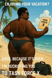 1girls ai_generated amanda_waller ass bag bbw beach big_ass bikini black_hair cellulite clothed clothing dark-skinned_female dark_skin day dc dc_comics english_text fat_ass female female_only hair huge_ass mature mature_female mature_woman milf outdoors outside palm_tree sand sea sky solo solo_female standing suicide_squad sunglasses text water