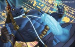 2025 5_fingers abs anthro anubian_jackal balls biceps blue_penis bozi canid canine canis claws clothing colored digital_media_(artwork) dislyte drew_(dislyte) fingerless_gloves fingers genitals gloves glowing glowing_genitalia glowing_penis handwear hi_res humanoid_genitalia humanoid_hands humanoid_penis jackal lilith_games male mammal muscular muscular_anthro muscular_male nipples pecs penis signature solo vein veiny_penis