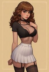 1female 1girls ai_generated big_breasts bra breast_grab breast_squeeze collar female fishnets garter_straps goldencharacters grabbing_breasts groping groping_breasts harry_potter hermione_granger horny hourglass_figure huge_breasts large_breasts makeup round_breasts satisfied_look skirt slender_body slender_waist thick_thighs underboob witch