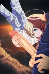 above_clouds angel angel_girl angel_halo angel_light angel_wings angelic_angel big_balls big_penis blonde_female blonde_hair blonde_hair_female bob_cut clouds cloudy_sky cropped cropped_image dusk flying flying_sex green_eyes green_eyes_female halo hana_kurusu hand_on_head hand_on_penis handjob holding_penis huge_balls huge_cock imminent_deepthroat imminent_fellatio imminent_oral itadori_yuuji jujutsu_kaisen night night_sky penis photo_background photoshop shitpost sky sweater turtleneck wings