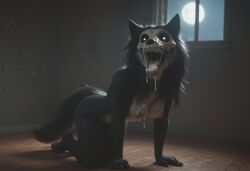 ai_generated anthro anthropomorphic beautiful bedroom big_breasts black_fur black_hair breasts breeding_request cum_dripping_from_mouth cum_in_mouth cum_on_breasts cumshot female fluffy_tail fur furry furry_only impregnation_request in_heat inviting_to_sex looking_at_viewer mal0 scp scp-1471 scp_foundation seductive seductive_look seductive_smile sexy sexy_body sexy_pose tits_out wet_pussy white_eyes wolf wolf_ears wolf_girl wolf_humanoid