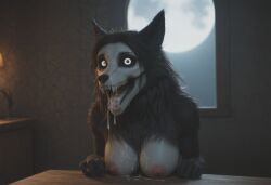 ai_generated anthro anthropomorphic beautiful bedroom big_breasts black_fur black_hair breasts breeding_request cum_dripping_from_mouth cum_in_mouth cum_on_breasts cumshot female fluffy_tail fur furry furry_only impregnation_request in_heat inviting_to_sex looking_at_viewer mal0 scp scp-1471 scp_foundation seductive seductive_look seductive_smile sexy sexy_body sexy_pose tits_out wet_pussy white_eyes wolf wolf_ears wolf_girl wolf_humanoid