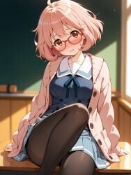 ahoge ai_generated arm_support bangs black-framed_eyewear black_legwear black_pantyhose blue_shirt blue_skirt blush bob_cut breasts brown_eyes cardigan chair chalkboard classroom clothing collared_shirt desk eyewear female female female_only glasses indoors jacket knee_up kuriyama_mirai kyoukai_no_kanata legwear long_sleeves looking_at_viewer milfhunter228 neck_ribbon on_desk open_cardigan open_clothes pantyhose parted_lips pink_cardigan pink_hair pleated_skirt red-framed_eyewear ribbon sailor_collar school_chair school_desk school_uniform semi-rimless_eyewear serafuku shirt short_hair sitting skirt smile solo sunlight uniform white_sailor_collar white_shirt window yellow_eyes