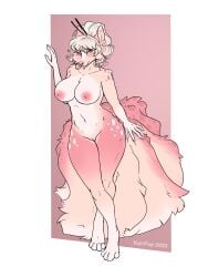 absurd_res accessory anthro breasts canid canine chest_tuft claws cleavage clothed clothing cream_hair crossed_legs female flower fox fox_spirit fur generation_1_pokemon genitals hair hair_accessory hair_bun hair_sticks hand_on_tail hi_res inner_ear_fluff karipup leaning_on_wall looking_at_viewer mammal markings multi_tail navel ninetales nintendo nipples nude pink_body pink_fur pink_nipples pink_nose plant pokemon pokemon_(species) pussy sasha_valiski solo spots spotted_markings standing swimwear tail teal_eyes thick_thighs tuft two-piece_swimsuit