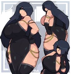 1girls annoyed annoyed_expression arctimint ass black_clothing black_dress breasts dark_blue_hair dress female female_focus female_only gold_(metal) gold_chains gold_jewelry hips hourglass_figure huge_ass huge_breasts large_ass large_breasts large_thighs middle_finger movailarts thick_thighs thighs voluptuous voluptuous_female