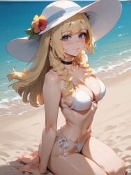 1girl ai_generated bangs bare_arms bare_shoulders barefoot beach bikini black_choker blonde_hair blue_eyes blunt_bangs blush braid breasts brokewyt choker cleavage closed_mouth collarbone day flower hat hat_flower large_breasts lillie_(pokemon) long_hair looking_at_viewer medium_breasts navel nintendo ocean outdoors pokemon pokemon_trainer seiza side-tie_bikini_bottom sitting smile solo stomach string_bikini sun_hat swimsuit twin_braids uncensored water wet white_bikini white_headwear