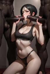 1girls 2boys ai_generated blacked blacked_clothing chouno_ami dark-skinned_male female girls_und_panzer kneeling light-skinned_female male penis short_hair sucking_penis