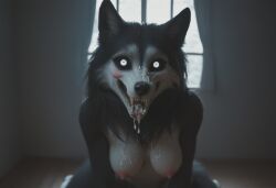 ai_generated anthro anthropomorphic beautiful bedroom big_breasts black_fur black_hair breasts breeding_request cum_dripping_from_mouth cum_in_mouth cum_on_breasts cumshot female fluffy_tail fur furry furry_only impregnation_request in_heat inviting_to_sex looking_at_viewer mal0 scp scp-1471 scp_foundation seductive seductive_look seductive_smile sexy sexy_body sexy_pose tits_out wet_pussy white_eyes wolf wolf_ears wolf_girl wolf_humanoid