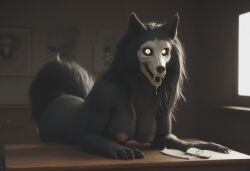 ai_generated anthro anthropomorphic beautiful bedroom big_breasts black_fur black_hair breasts breeding_request female fluffy_tail fur furry furry_only impregnation_request in_heat inviting_to_sex looking_at_viewer mal0 scp scp-1471 scp-1471-a scp_foundation seductive seductive_look seductive_smile sexy sexy_body sexy_pose tits_out wet_pussy white_eyes wolf wolf_ears wolf_girl wolf_humanoid