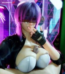 1boy 1boy1girl 1girls 3d armor boobjob breasts cleavage clothing futuristic ghost_in_the_shell gloves high_resolution highres huge_breasts huge_cock jacket kusanagi_motoko large_breasts leather paizuri penis precum purple_hair shaddoll_x shiny_skin smoking titjob