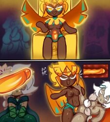 artist_request beckoning clothed_female cookie_run cookie_run_kingdom dark-skinned_female gold_strap-on golden_cheese_cookie_ lifting_leg nude_female penis penis_awe strap-on strap-on_sex tagme this_one_is_higher_quality white_lily_cookie yuri