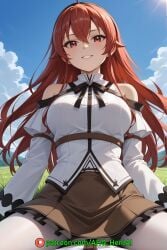 1girls ahq_hentai ai_generated big_breasts blouse eris_boreas_greyrat eris_greyrat female grass grass_field mushoku_tensei pantyhose patreon perfect_body pov sitting sitting_on_person skirt stable_diffusion