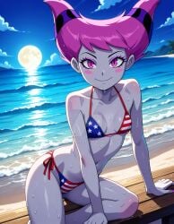 2025 ai_generated american_flag_bikini beach cartoon_network clouds dc_super_hero_girls dcau deviantart drawing elryusam grey_body grey_skin jinx_(teen_titans) meta moon moonlight night night_sky not_porn pink_cheeks purple_eyes purple_hair sky_background teen_titans wet_bikini wet_body wet_skin