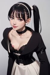 1girls ai_generated black_hair choker clothed earrings female headband kamen_rider kamen_rider_geats_(series) nipple_slip side_ponytail smile solo_female tsumuri_(kamen_rider_geats)
