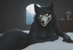 ai_generated anthro anthropomorphic beautiful bedroom big_breasts black_fur black_hair breasts breeding_request female fluffy_tail fur furry furry_only impregnation_request in_heat inviting_to_sex laying_down laying_on_bed looking_at_viewer mal0 scp scp-1471 scp_foundation seductive seductive_look seductive_smile sexy sexy_body sexy_pose skull skull_head tits_out wet_pussy white_eyes wolf wolf_ears wolf_girl wolf_humanoid wolf_skull