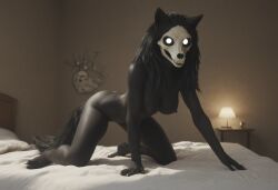 ai_generated anthro anthropomorphic beautiful bedroom big_breasts black_fur black_hair breasts breeding_request female fluffy_tail fur furry furry_only impregnation_request in_heat inviting_to_sex looking_at_viewer mal0 scp scp-1471 scp_foundation seductive seductive_look seductive_smile sexy sexy_body sexy_pose tits_out wet_pussy white_eyes wolf wolf_ears wolf_girl wolf_humanoid