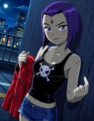 2025 ai ai_generated belly black_eyebrows cartoon_network city city_background clouds dcau deviantart drawing elryusam evil_smile gesturing_at_viewer grey_body grey_skin holding_hoodie jewel_on_forehead looking_at_viewer meta moon moonlight night night_sky not_porn pink_cheeks purple_eyes purple_hair raven_(teen_titans) red_hoodie short_jeans skull_shirt smile_at_viewer smiling_at_viewer teen_titans tummy