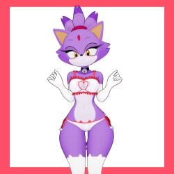 1female 3d anthro bell bell_collar blaze_the_cat blush cat_bell cat_bra cat_girl cat_legwear cat_lingerie catgirl feline female female_focus female_only gloves koikatsu looking_at_viewer pear-shaped_figure pear_shaped render_007 simple_background sonic_(series) sonic_the_hedgehog_(series) upset wide_hips