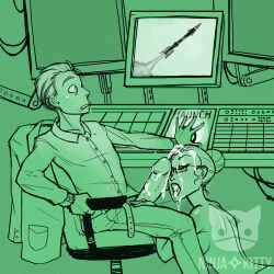 after_oral cum_on_face hair_bun horrified kneeling_on_ground missile mostly_clothed ninjakitty oral_sex