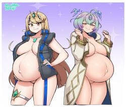 2girls artist_logo belly big_belly blonde_hair border cosplay english_text fire_emblem fire_emblem_heroes goddess hand_on_own_back hand_on_own_stomach highres kiran_(fire_emblem) kiran_(fire_emblem)_(cosplay) logo long_hair multiple_girls mythra_(xenoblade) naked_robe nintendo outie_navel pregnant robe seidr_(fire_emblem) short_hair stomach tsukiji tsukijitums very_long_hair white_border xenoblade_chronicles_(series)
