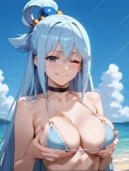 ;q ai_generated aqua_(konosuba) bangs bare_shoulders beach bikini black_choker blue_bikini blue_eyes blue_hair blue_sky blush breasts brokewyt choker cleavage closed_mouth cloud collarbone day female grabbing_own_breast hair_between_eyes hair_ornament hair_rings kono_subarashii_sekai_ni_shukufuku_wo! large_breasts long_hair looking_at_viewer ocean one_eye_closed outdoors sky smile solo swimsuit tongue tongue_out uncensored upper_body water