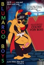 anthro balls blumaroo cape chaps clothing coffin count_von_roo cover doronkomajo ear_piercing english_text genitals hand_on_penis hi_res magazine_cover male neopet_(species) neopets penis piercing ring solo text vampire