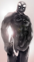 1boy 2010 abs anthro balls biceps black_body blue_eyes bulge cetacean english_text junkersquawker lens_flare looking_at_viewer male male_only mammal marine muscles open_mouth orca pecs penis rubber_suit shiny solo standing teeth text tight_clothing toned tongue wetsuit whale