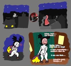 1girls accidental_exposure blush blushing breasts comic covering_self dialogue embarrassed female flustered night night_sky nude pussy sadie_(genocity) stars suspiciouslaundry tagme wardrobe_malfunction