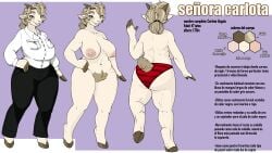 absurd_res anthro big_breasts blonde_hair bovid breasts brown_hooves caprine carlota_ungula_(h_dc) cheating_wife clothed clothed_anthro clothed_female clothing dark_pants digit_ring engagement_ring female goat gold_piercing gold_ring grey_hair h_dc hair hi_res hooves humanoid infidelity jewelry mammal mature_anthro mature_female model_sheet nipples nude piercing pubes red_clothing red_underwear ring simple_background solo spanish_text text thick_thighs underwear white_blouse white_body yellow_eyes