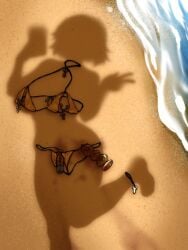 beach bikini breasts butt_plug character_request commentary copyright_request cowboy_shot crotchless crotchless_bikini cupless_bikini dildo dressed_shadow_(meme) english_commentary female gold_bikini golden_week holding holding_phone implied_nudity large_breasts meme ocean penis-shaped_jewelry phone pussy_juice sand sex_toy shadow short_hair solo swimsuit unworn_bikini ycgirl