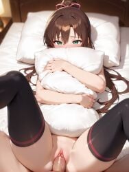 1boy ai_generated bangs bed bed_sheet black_legwear black_thighhighs blush breasts brown_hair clitoris clothing female female green_eyes hair_between_eyes hair_ornament hair_ribbon high_ponytail indoors kirasaka_sayaka large_breasts legwear long_hair looking_at_viewer lying male milfhunter228 missionary_position nipples nude object_hug on_back on_bed penis pillow pillow_hug pink_ribbon ponytail ribbon sex solo_focus spread_legs straight strike_the_blood thighhighs thighs tied_hair vagina vaginal_penetration
