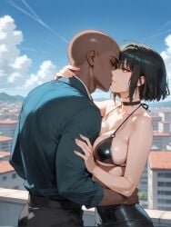 1boy ai_generated bald bangs bare_shoulders bikini bikini_top_only black_bikini black_hair black_pants blue_shirt blue_sky breasts brokewyt cleavage closed_eyes cloud collarbone contrail day faggot female green_eyes kissing large_breasts o-ring outdoors pants shirt short_hair skirt sky swimsuit