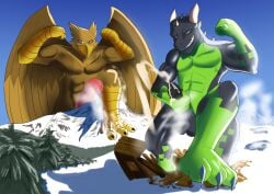 3_toes 4_toes 5_fingers abs anthro avian balls beak black_penis bodily_fluids brown_body building building_destruction carpo claws crush cum cumshot destruction dragon duo ejaculation erection extreme_size_difference feathered_wings feathers feet finger_claws fingers foot_crush genital_fluids genitals green_body gryphon house humanoid_genitalia humanoid_penis kneeling macro macro_anthro macro_male male masturbation mountain muscular muscular_anthro muscular_male mythological_avian mythological_creature mythological_scalie mythology nude orgasm outside pawpads paws pecs penile penile_masturbation penis plant pyronite(commissioner) scalie size_difference sky smile snow soonico stomping tail teeth tegon_(dsc85) toe_claws toes tree wings wooden_house