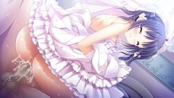 3-nin_iru! anus bell blush censored closed_eyes cum cum_in_pussy dress elbow_gloves female game_cg gloves nakase_nagisa penis purple_hair pussy sex suzui_narumi vaginal_penetration wedding_dress