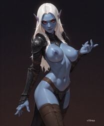 ai_generated armor artas9972 blue_body blue_skin breasts dark_elf elf elf_ears elf_female elf_girl nipples pelvic_curtain red_eyes white_hair