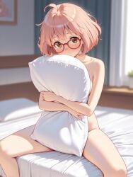 ahoge ai_generated bangs bed bed_sheet bedroom blush bob_cut breasts brown_eyes clavicle clothing completely_nude covering curtains eyewear female female_only glasses indoors kuriyama_mirai kyoukai_no_kanata looking_at_viewer milfhunter228 nude object_hug on_bed pillow pillow_hug pink_hair red-framed_eyewear short_hair sitting solo spread_legs window yellow_eyes