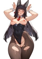 1girls :o absurdres animal_ears armpits black_hair black_leotard black_pantyhose blush breasts cetta_(cettadvd) female fox_ears highres hoshimi_miyabi leotard long_hair medium_breasts necktie nipples pantyhose playboy_bunny rabbit red_eyes red_necktie solo thighs torn_clothes torn_pantyhose white_background zenless_zone_zero