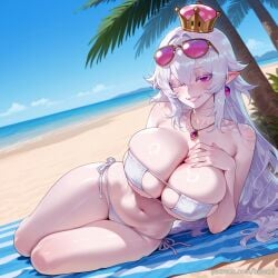 ai_generated balecxi bare_shoulders beach blue_sky boosette breasts cleavage collarbone crown day earrings eyepatch_bikini eyewear_on_head female grin jewelry long_hair looking_at_viewer lying mario_(series) navel necklace nintendo ocean on_side one_eye_closed outdoors palm_tree pointy_ears side-tie_bikini_bottom smile solo sunglasses swimsuit teeth thighs towel white_bikini white_hair
