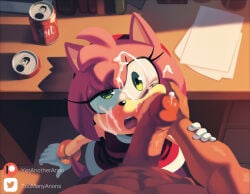 abs after_sex ai_generated amy_rose blush bracelet cum dress erection glans gloves green_eyes hedgehog indoors medium_hair open_mouth penis petite pink_fur pink_hair pov sega size_difference sonic_the_hedgehog_(series) tongue yetanotheranon