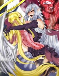 1futa 1girls absurdres alipheese_fateburn_i angel angel_wings back bare_shoulders barefoot black_sclera blonde_hair blurry censored closed_mouth colored_sclera crown cum cum_in_pussy depth_of_field detached_collar detached_sleeves dress eyes_visible_through_hair feathered_wings female fishnet_thighhighs fishnets frilled_skirt frilled_sleeves frills futa_on_female futa_with_female futanari green_eyes halo highres humanization ilias ilias_(final_form) internal_cumshot intersex layered_skirt light_smile long_hair mon-musu_quest! mon-musu_quest:_paradox mosaic_censoring multiple_girls nose ong_(0000ong) penis pointy_ears purple_dress purple_lips red_eyes skirt steaming_body sweat tentacle tentacle_arm thighhighs very_long_hair white_background white_hair white_wings wings yellow_halo yellow_wings
